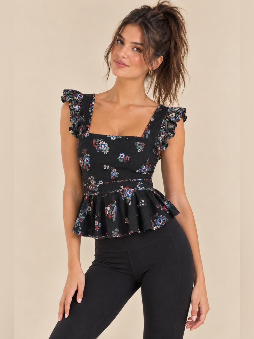 HUNTER BELL Floral Sweetheart Neck Wide Strap Flutter Sleeve Peplum Blouse Top 0